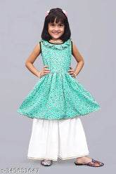 Queenpin Festive Collection Firozi Palazzo Kurta Set for Girl - printed crepe anarkali top with sleeveless design and dhoti pants, sizes ranging from 12-18 months to 7-8 years, Indian origin